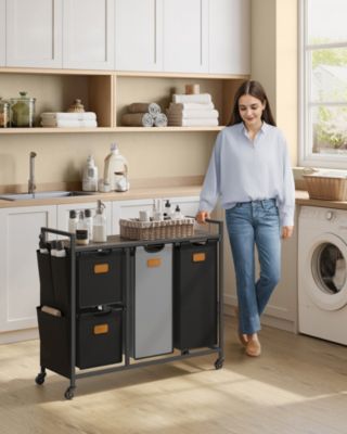 4-Compartment Laundry Hamper, Rolling Laundry Sorter Cart with Shelves &amp; Side Pockets