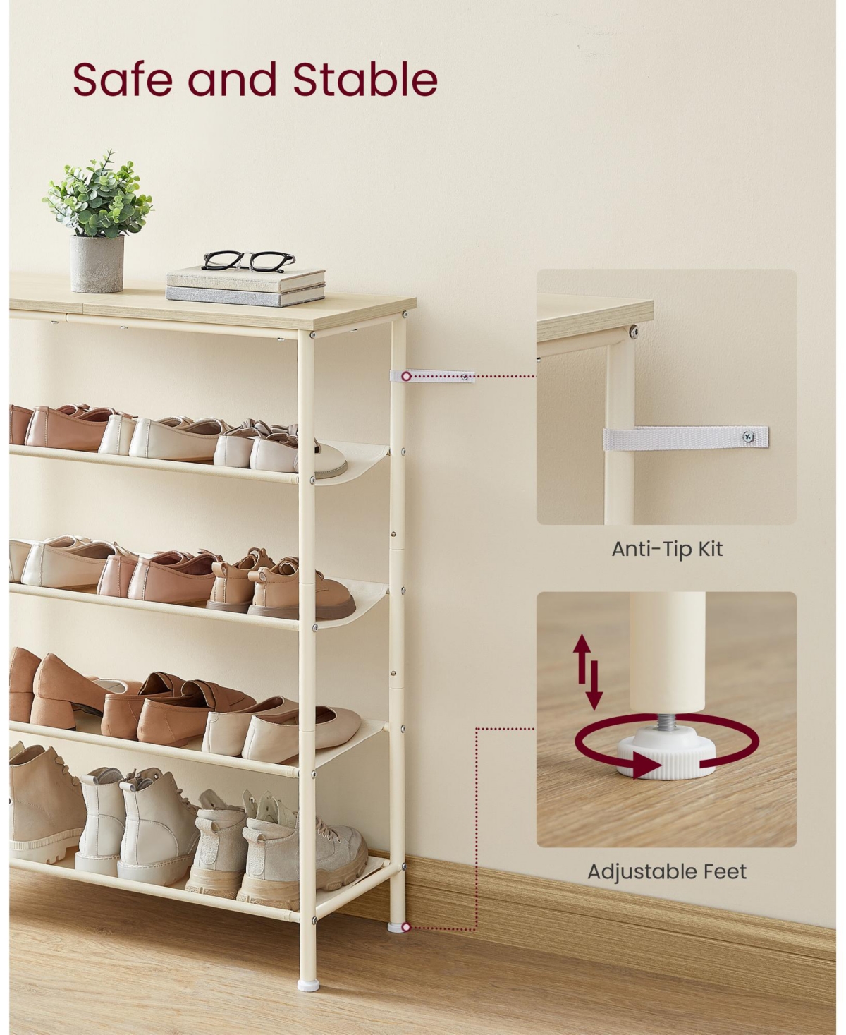 Slickblue Shoe Rack 5 Tier, Narrow Shoe Organizer For Closet Entryway, With 4 Fabric Shelves And Top For Bags