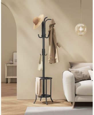 Freestanding Coat Rack with Umbrella Holder, Metal Stand with 12 Hooks for Entryway Storage