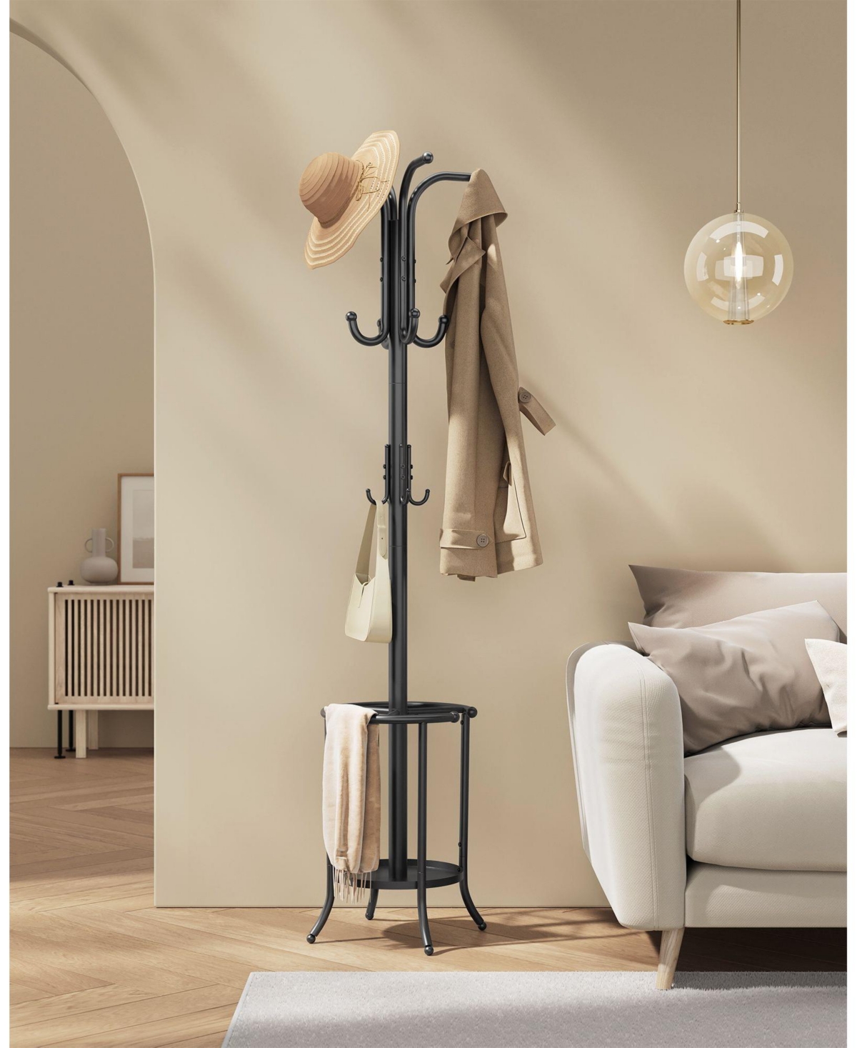 Slickblue Freestanding Coat Rack with Umbrella Holder, Metal Stand with 12 Hooks for Entryway Storage