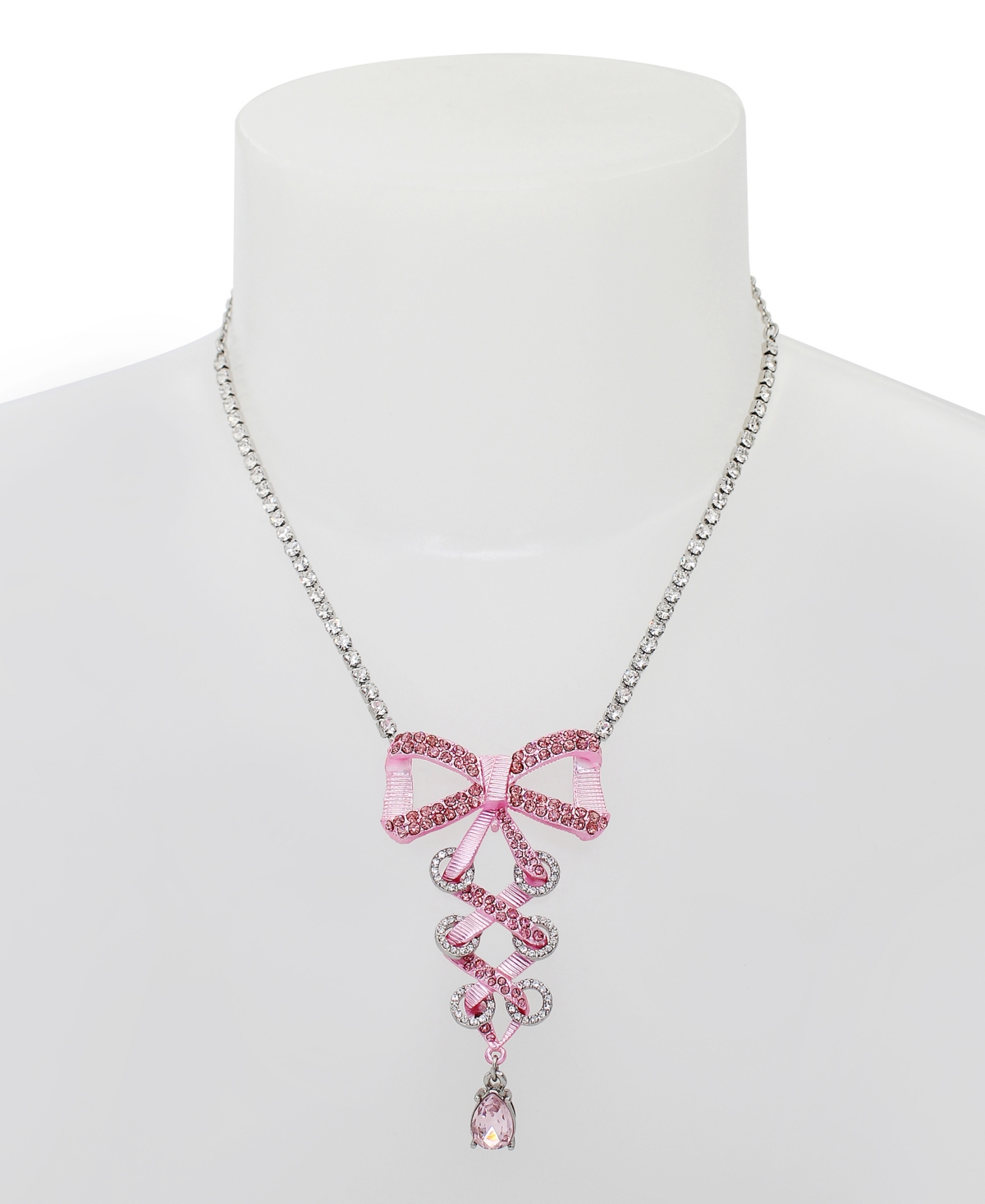 Betsey Johnson Faux Stone Fancy Bow Corset Pendant Necklace In Pink,hematite