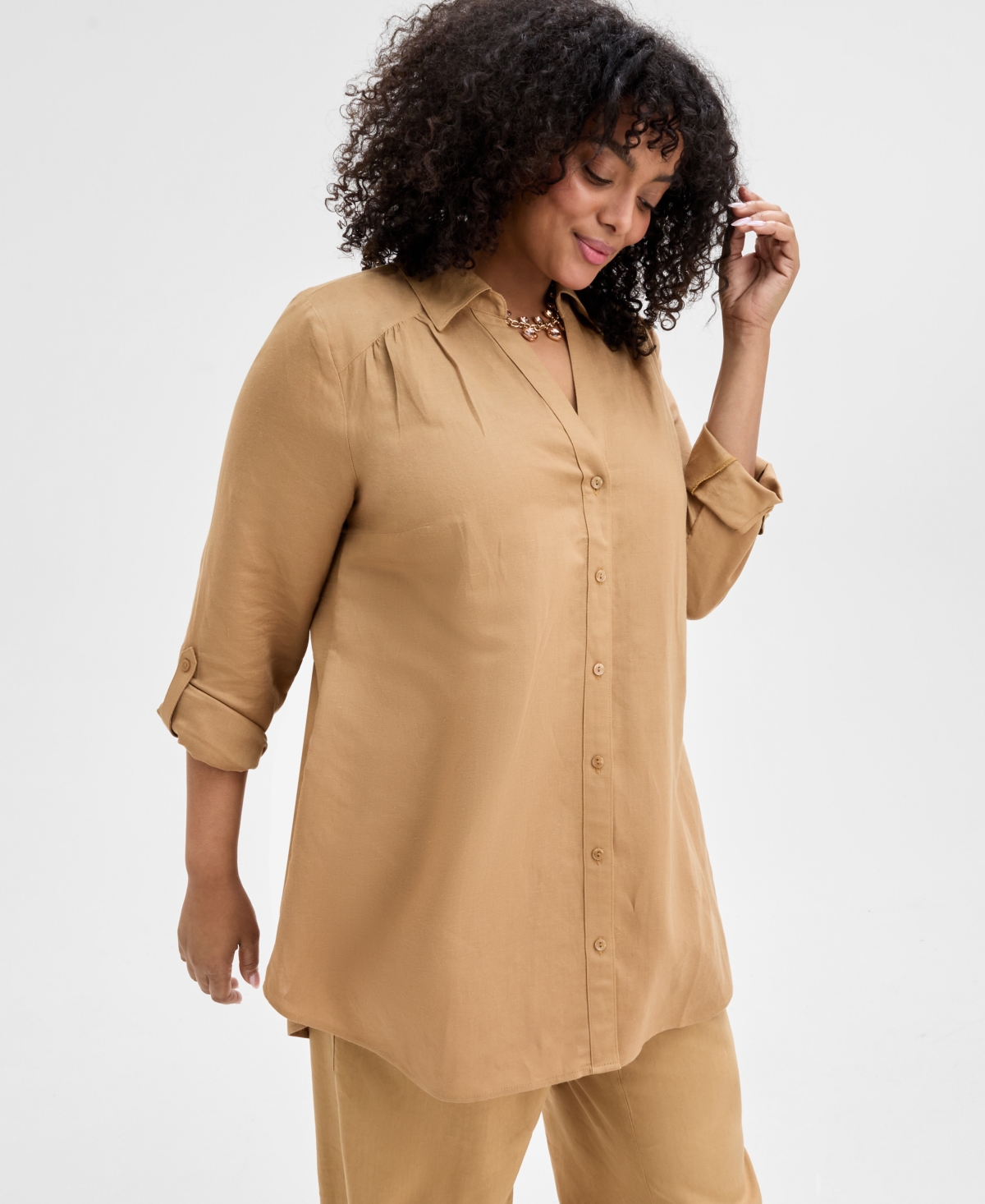 Inc International Concepts Plus Size Linen-blend Tunic, Exclusively At Macy's In Warm Toffee