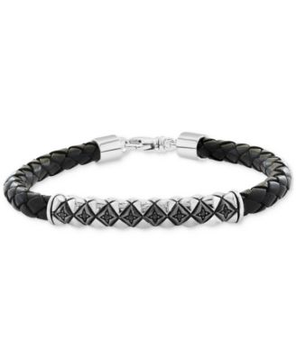 EFFY Collection - Men's Black Spinel Woven Black Leather Bracelet (1/6 ct. t.w.) in Sterling Silver