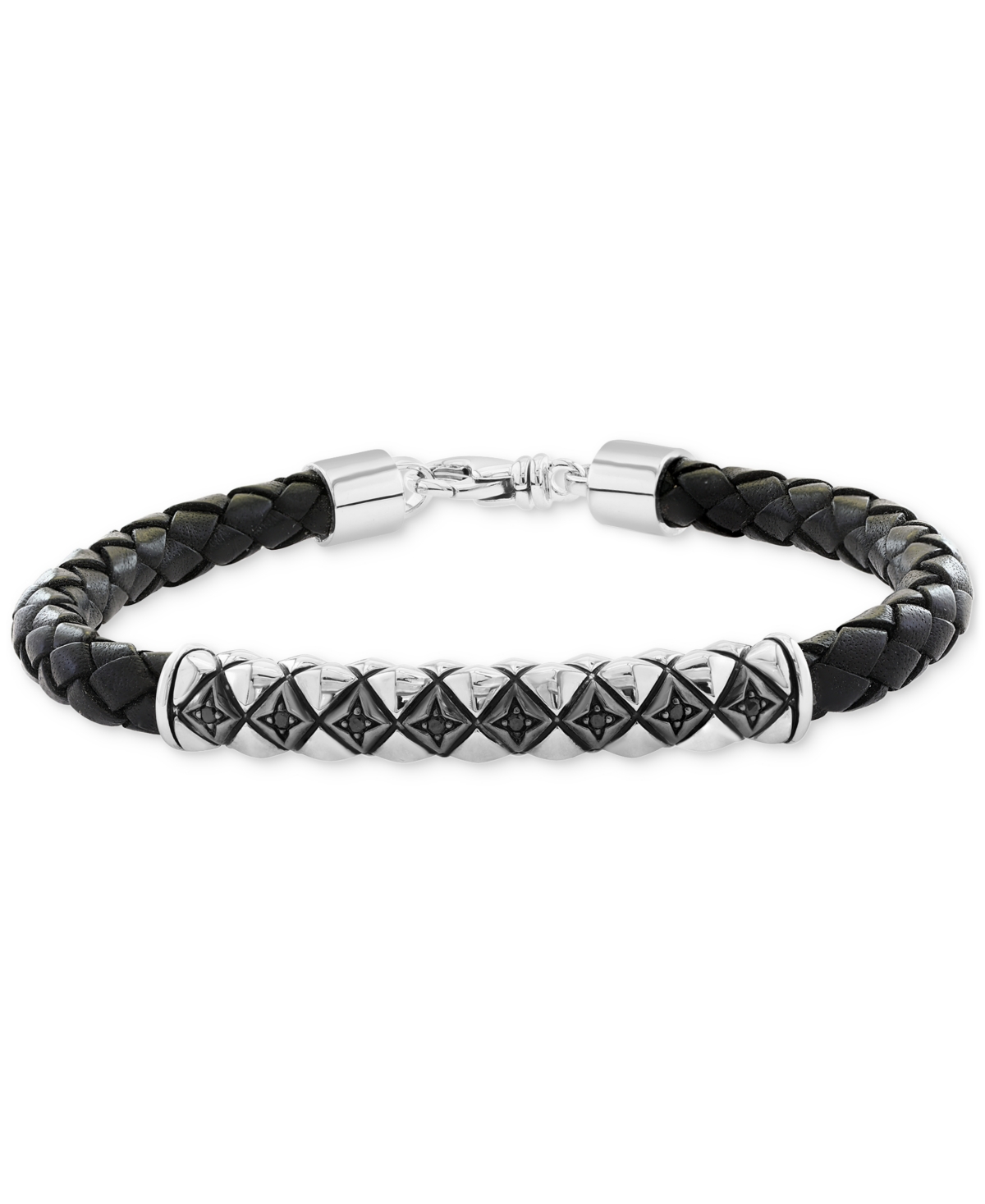 Effy Men's Black Spinel Woven Black Leather Bracelet (1/6 ct. t.w.) in Sterling Silver - Sterling Silver