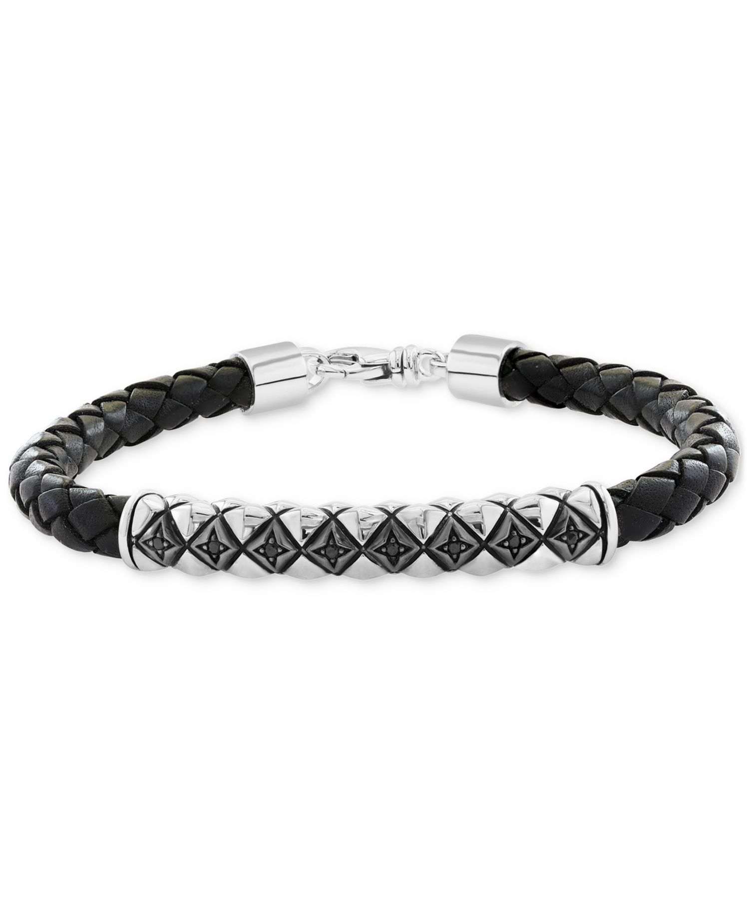 EFFY® Men's Black Spinel Woven Black Leather Bracelet (1/6 ct. t.w.) in Sterling Silver