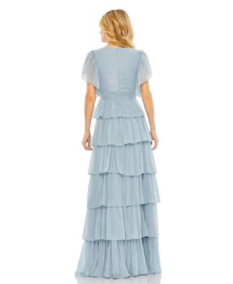 Women's Tiered Flutter Sleeve V-Neck Evening Gown