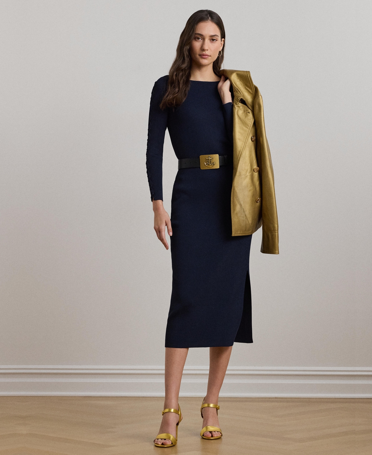 Shop Ralph Lauren Women's Rib-knit Pencil Midi Skirt In Lauren Navy