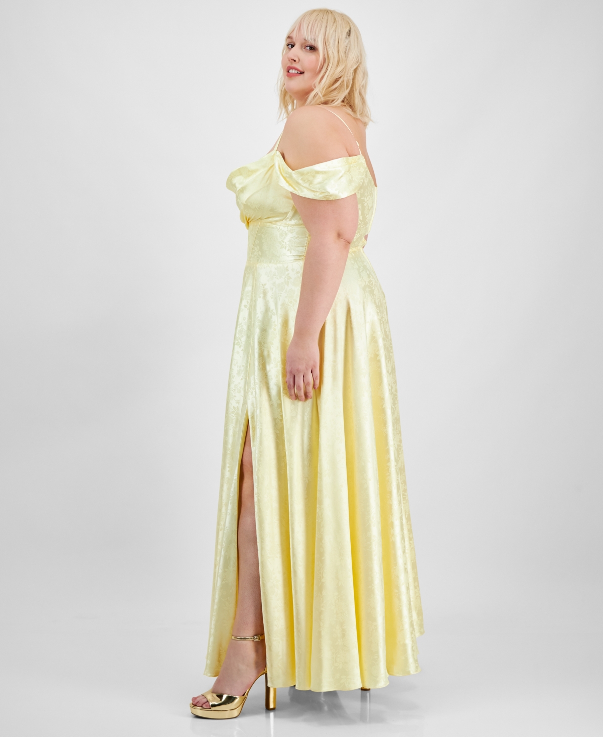 B Darlin Trendy Plus Size Off-the-shoulder Satin Jacquard Gown In Yellow