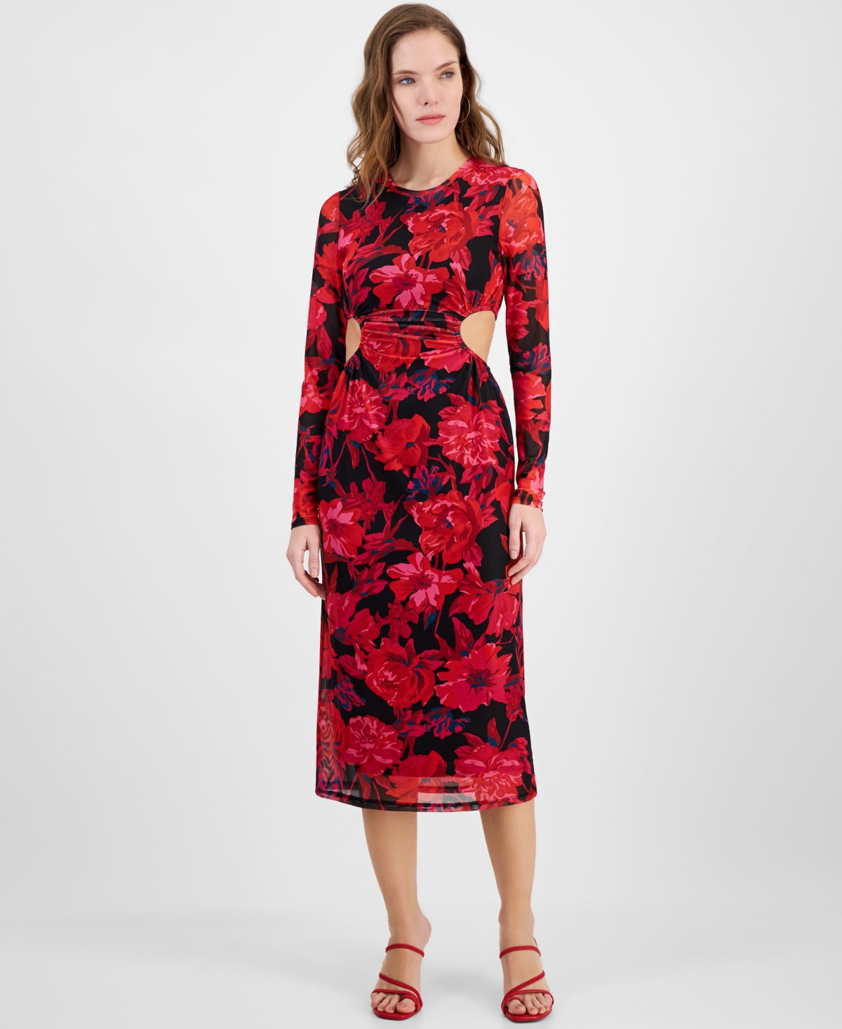 Topson Downs Juniors' Floral Side-cutout Midi Dress In Red Combo Floral