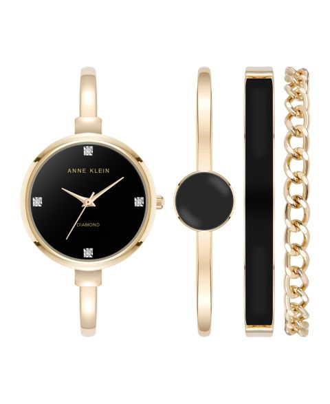 Anne Klein Women's Quartz Black Enamel and Gold-Tone Metal Alloy Bangle Watch Set, 32mm