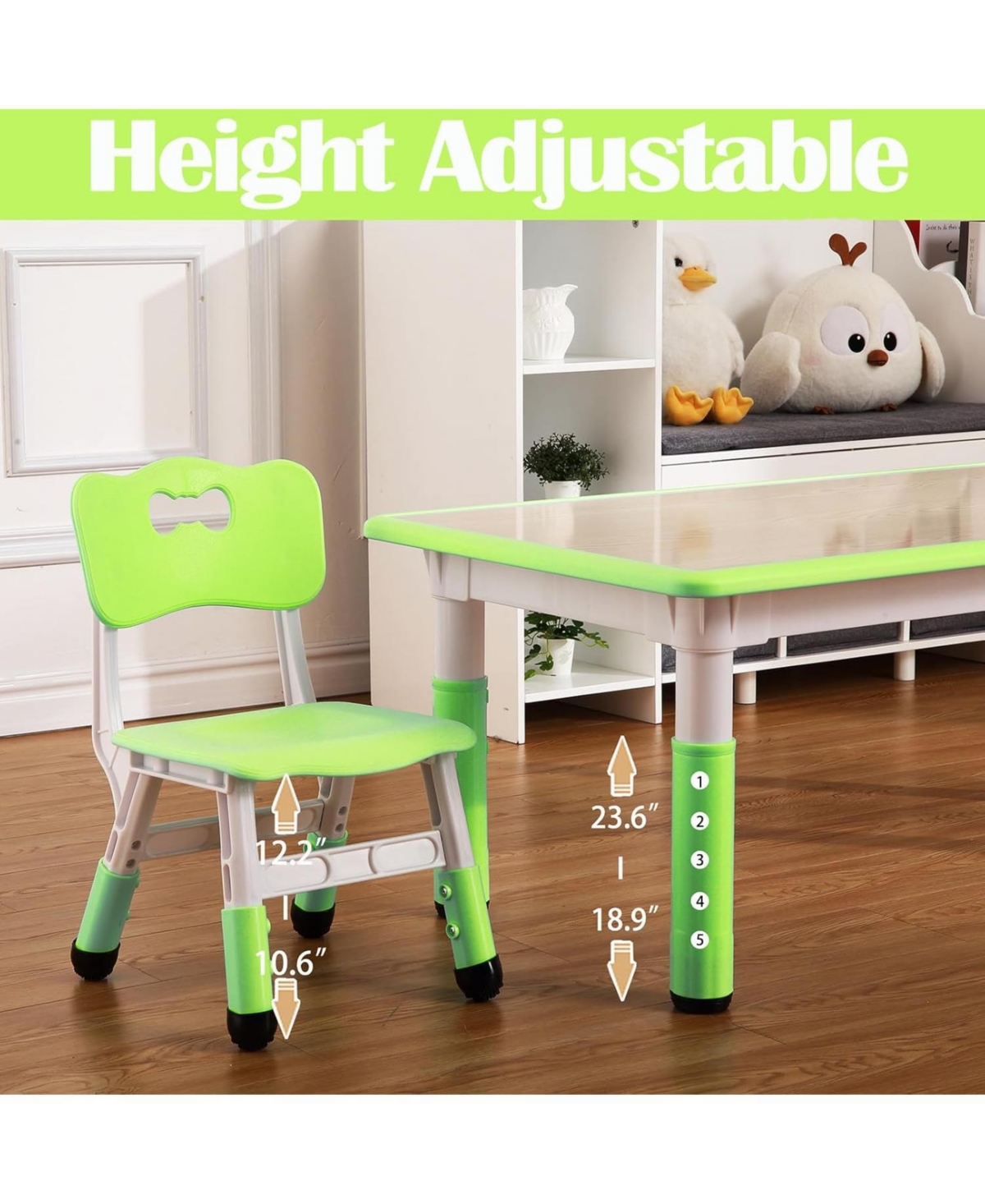 gaomon Kids Table and Chairs Set, Toddler Height Adjustable Desk with Graffiti Desktop, Arts & Crafts Table With 6 Seats, Non-Slip Legs, Max 300lbs, S