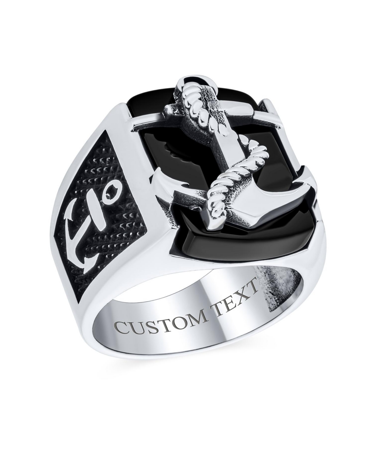 Bling Jewelry Big NaturalRope Anchor Signet Ring .925 Sterling Silver - Black onyx