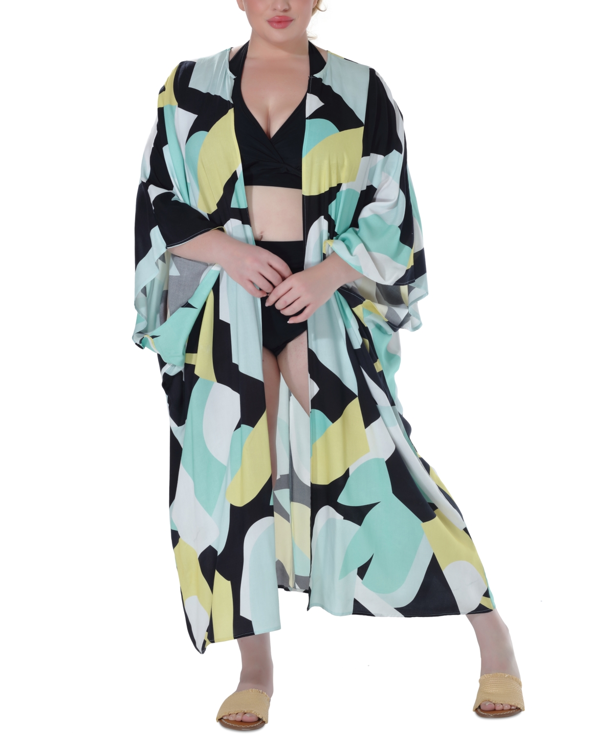 Raviya Plus Size Printed Open-front Kimono Cover-up In Yellow Abstract