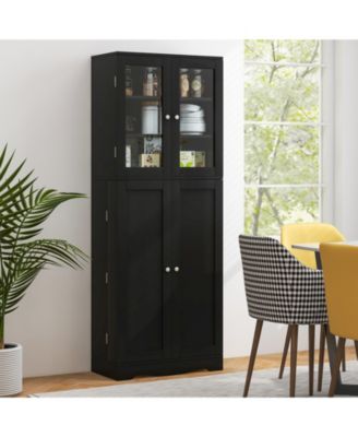 Tall Kitchen Pantry Cabinet with Dual Tempered Glass Doors and Shelves