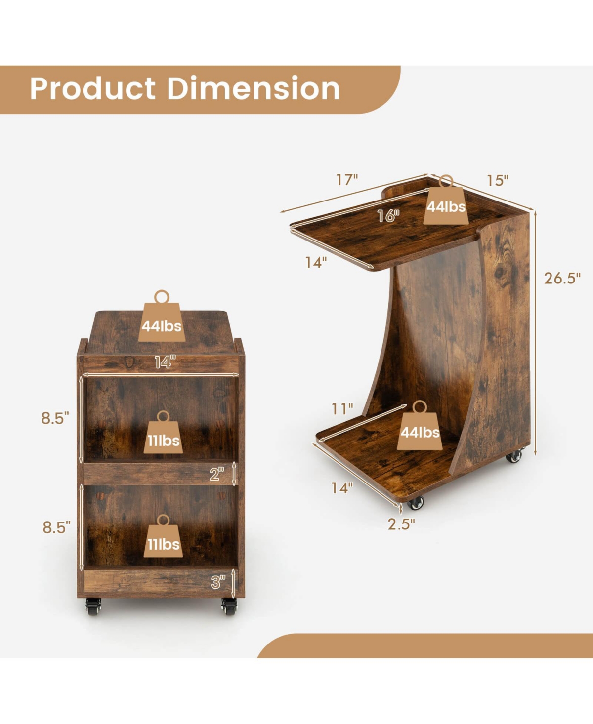 Gouun C-shaped Rolling End Side with Back Storage Shelves beside Sofa