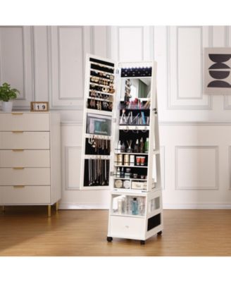 360° Swivel Jewelry Armoire with Full Length Mirror, LED Vanity Mirror with Jewelry Storage Drawer, Shelf, Wheels, Freestanding Lockable Jewelry Organizer for Bedroom