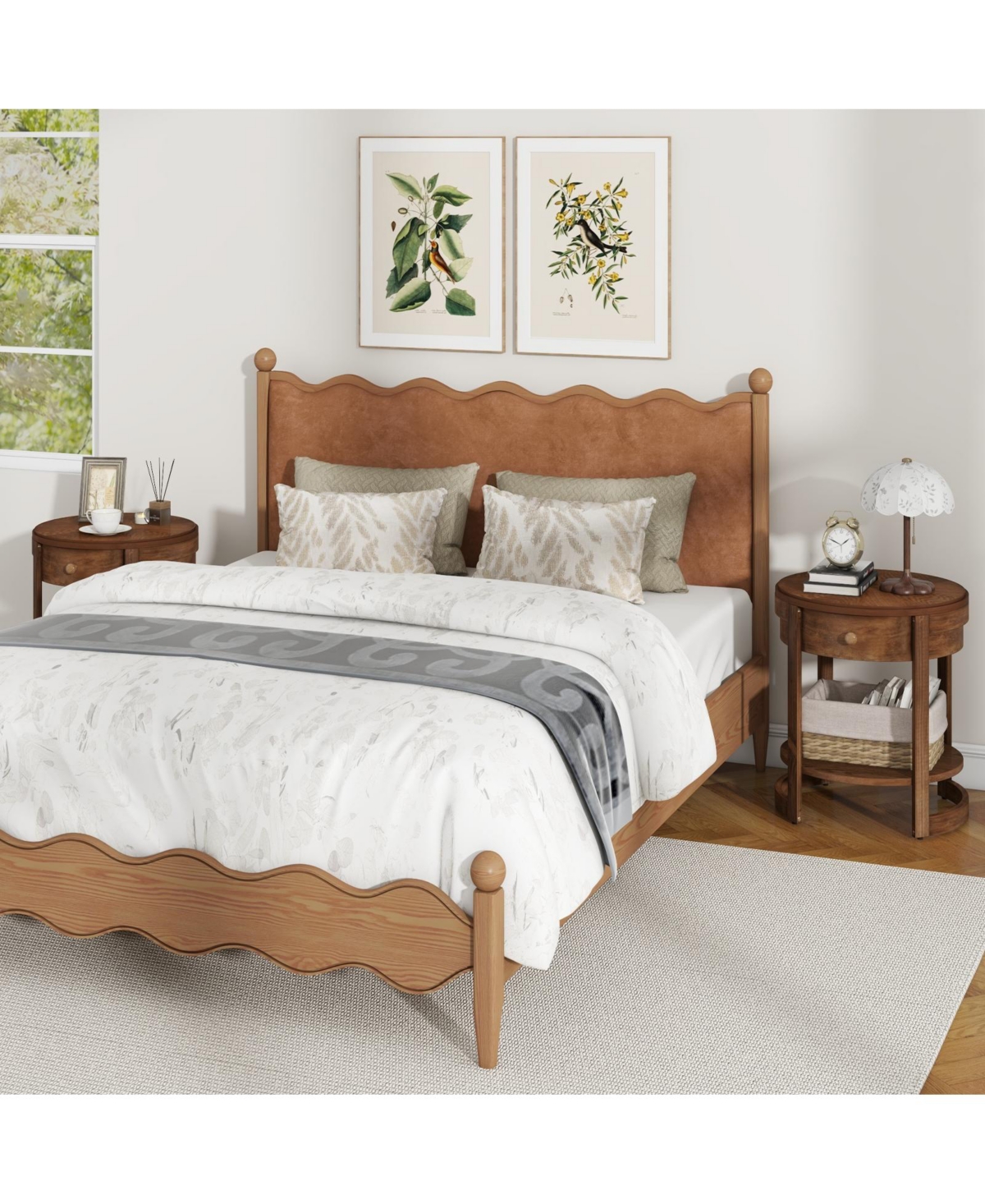 Gouun 2-Tier Round End Table Mid Century Modern Nightstand with Drawer and Shelf