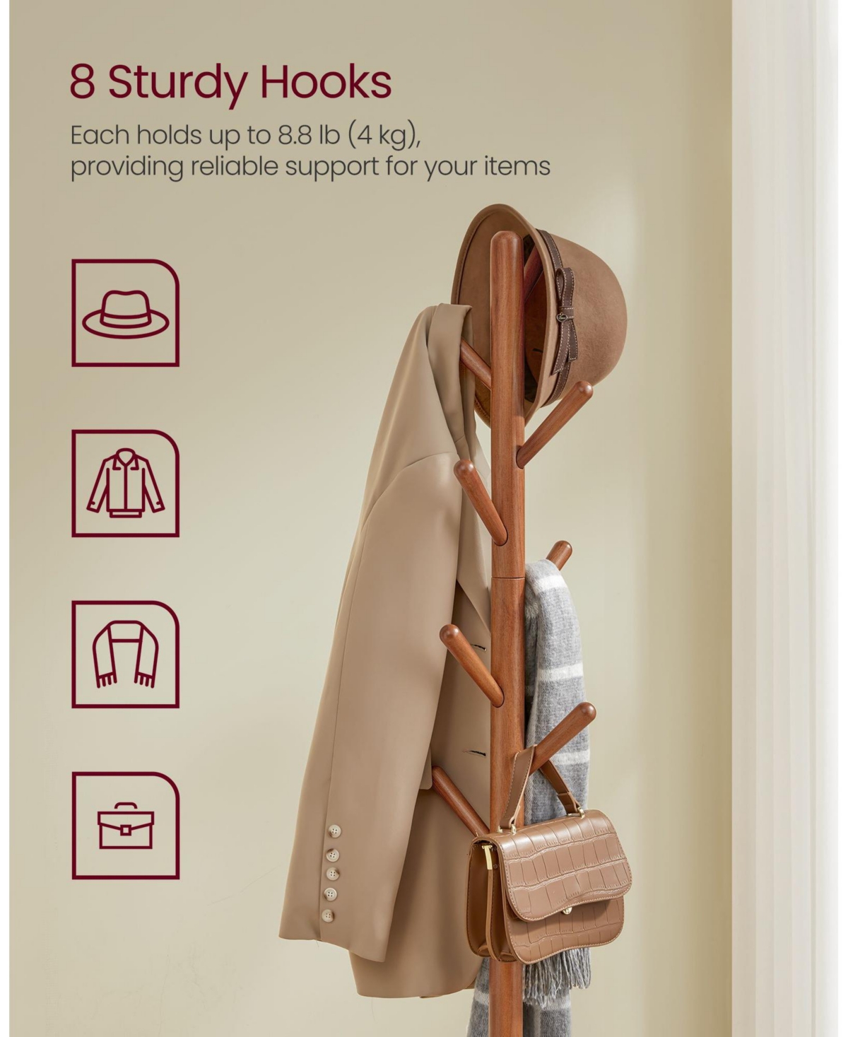 Slickblue Freestanding Coat Rack with 8 Hooks and Storage Shelf, Hall Coat Tree for Entryway Organization