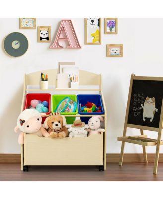 Kids Wooden Toy Storage Unit Organizer w/Rolling Toy Box &amp; Plastic Bins