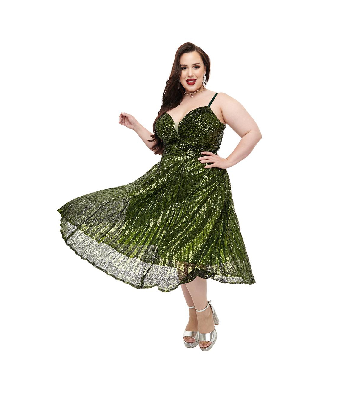 Unique Vintage Plus Size Spaghetti Strap Pleated Sequin Swing Dress