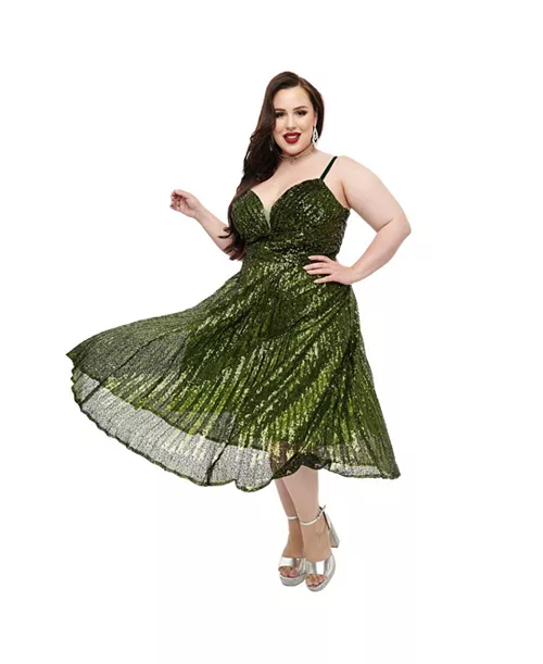 plus size spaghetti strap pleated sequin swing dress