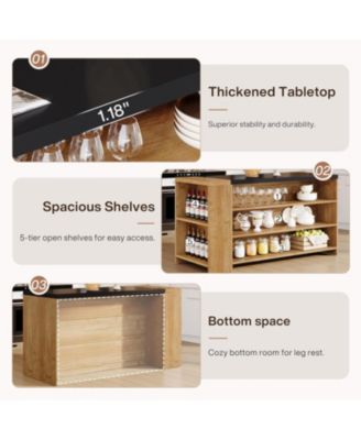 55" Kitchen Island with Storage, Farmhouse 5-Tier Stationary Island Table with 5 Shelves, Wood Coffee Bar Table Storage Cabinet with Large Countertop for Kitchen