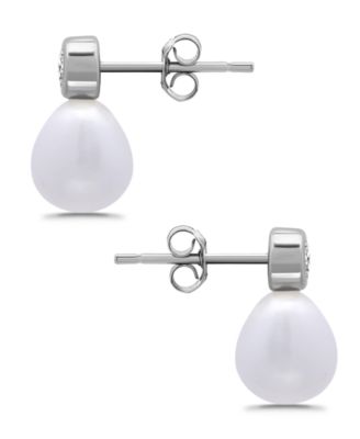 Teardrop Freshwater Cultured Pearl Cubic Zirconia Bezel Set Post Earrings
