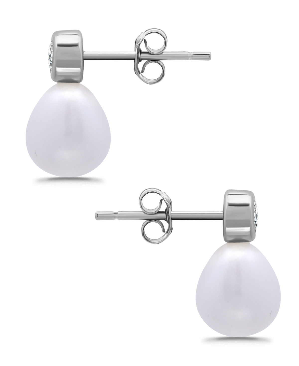 Macy's Teardrop Freshwater Cultured Pearl Cubic Zirconia Bezel Set Post Earrings In Silver