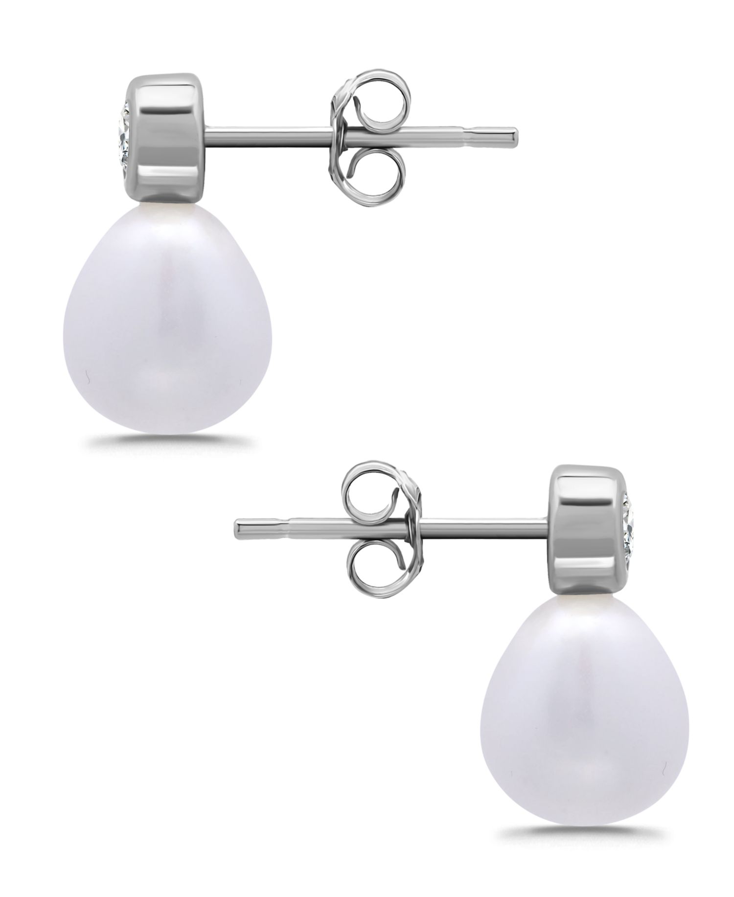 Teardrop Freshwater Cultured Pearl Cubic Zirconia Bezel Set Post Earrings