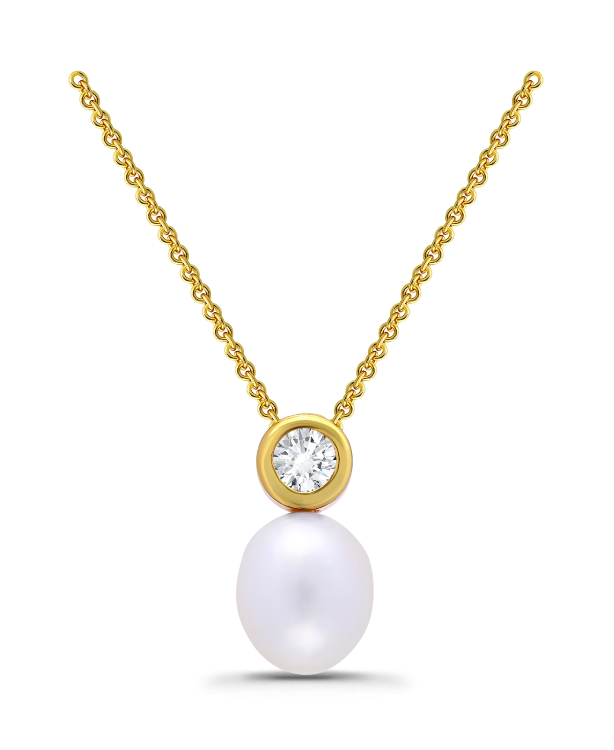 Macy's Teardrop Freshwater Cultured Pearl Round Cubic Zirconia Bezel Necklace In Gold