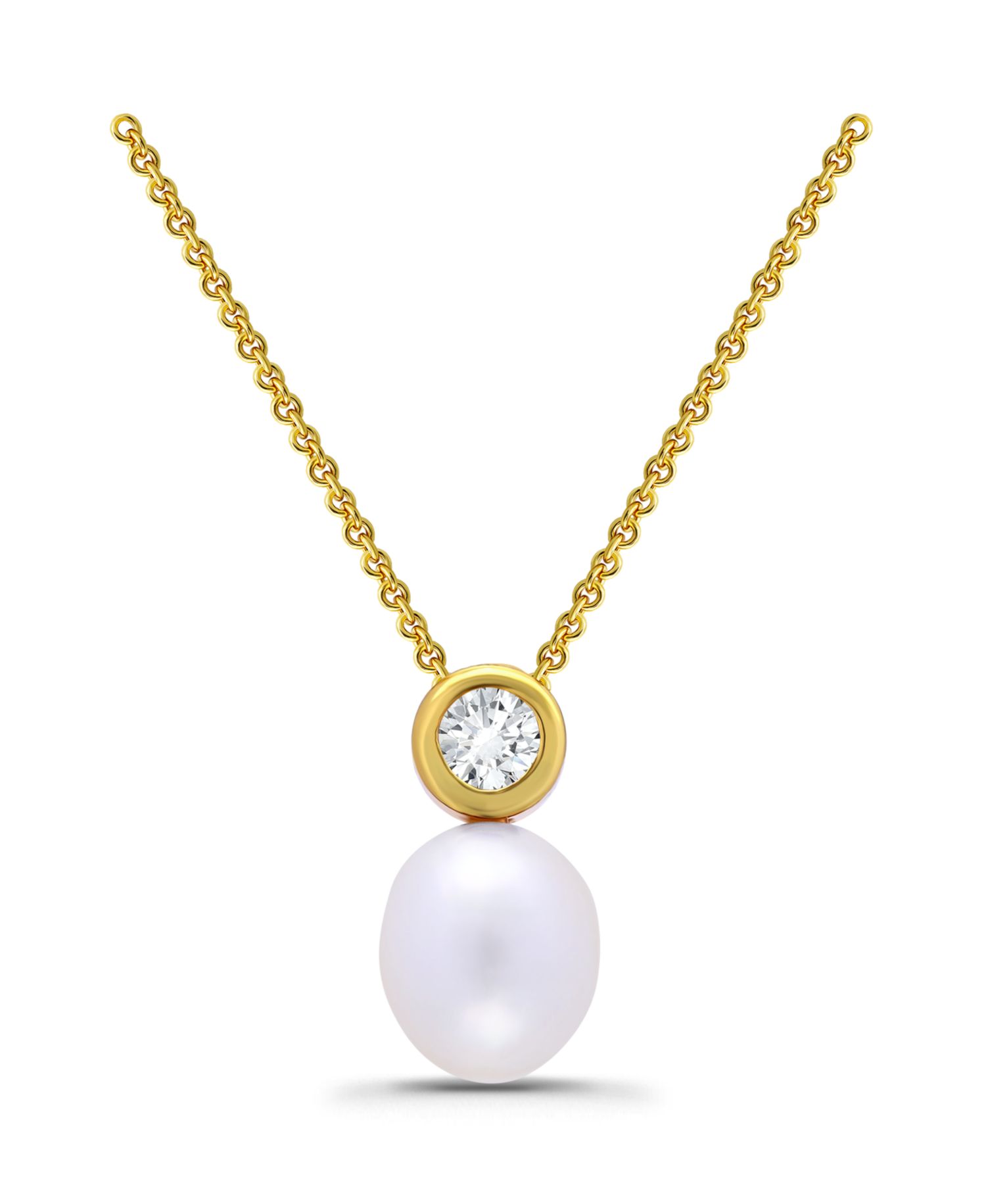 Teardrop Freshwater Cultured Pearl Round Cubic Zirconia Bezel Necklace