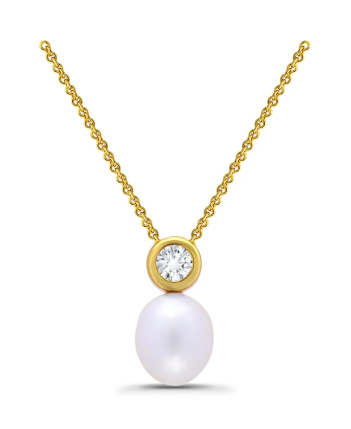 Teardrop Freshwater Cultured Pearl Round Cubic Zirconia Bezel Necklace