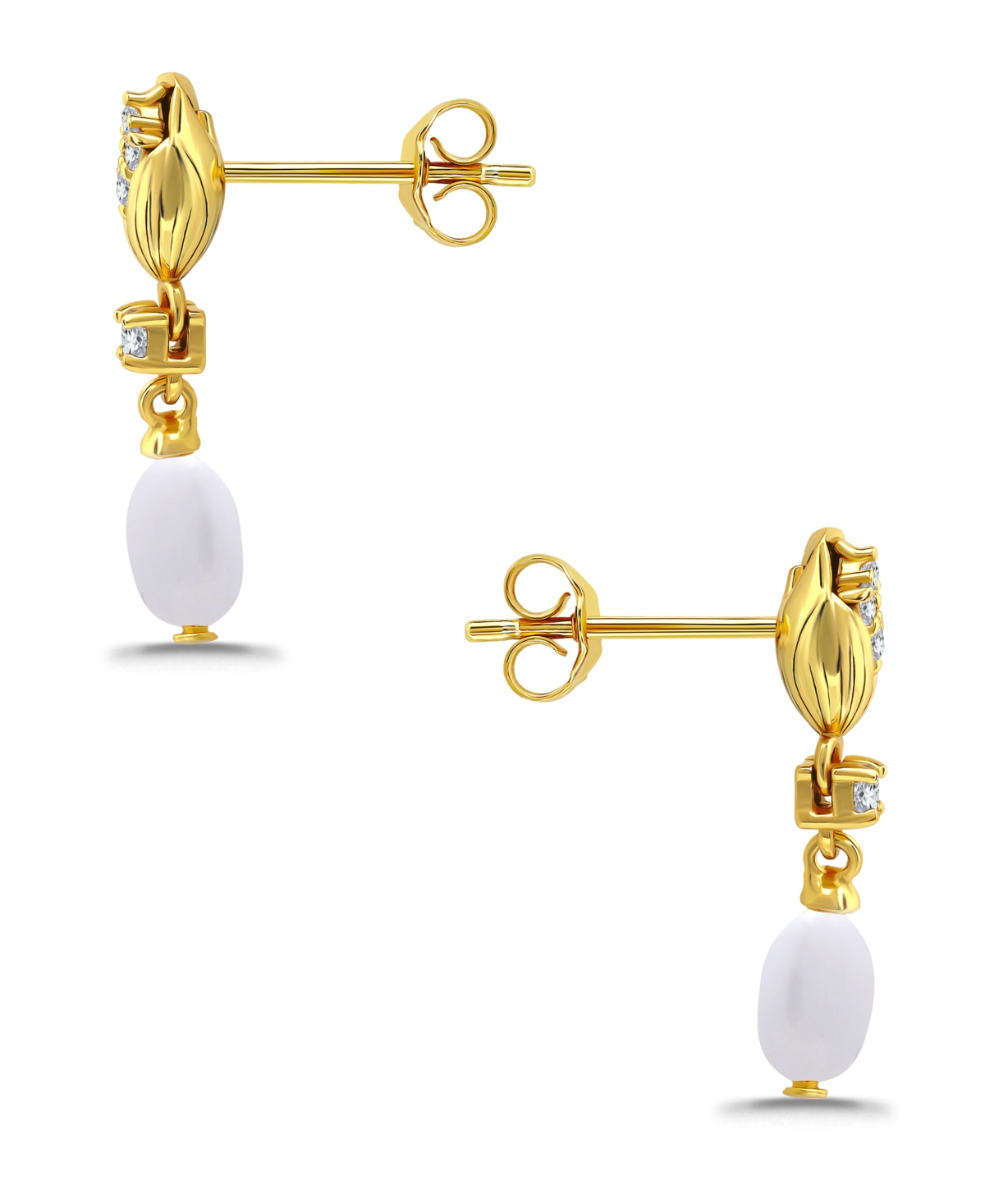 Macy's Macy Oval Freshwater Cultured Pearl Drop Cubic Zirconia Tulip Design Post Earrings In Gold