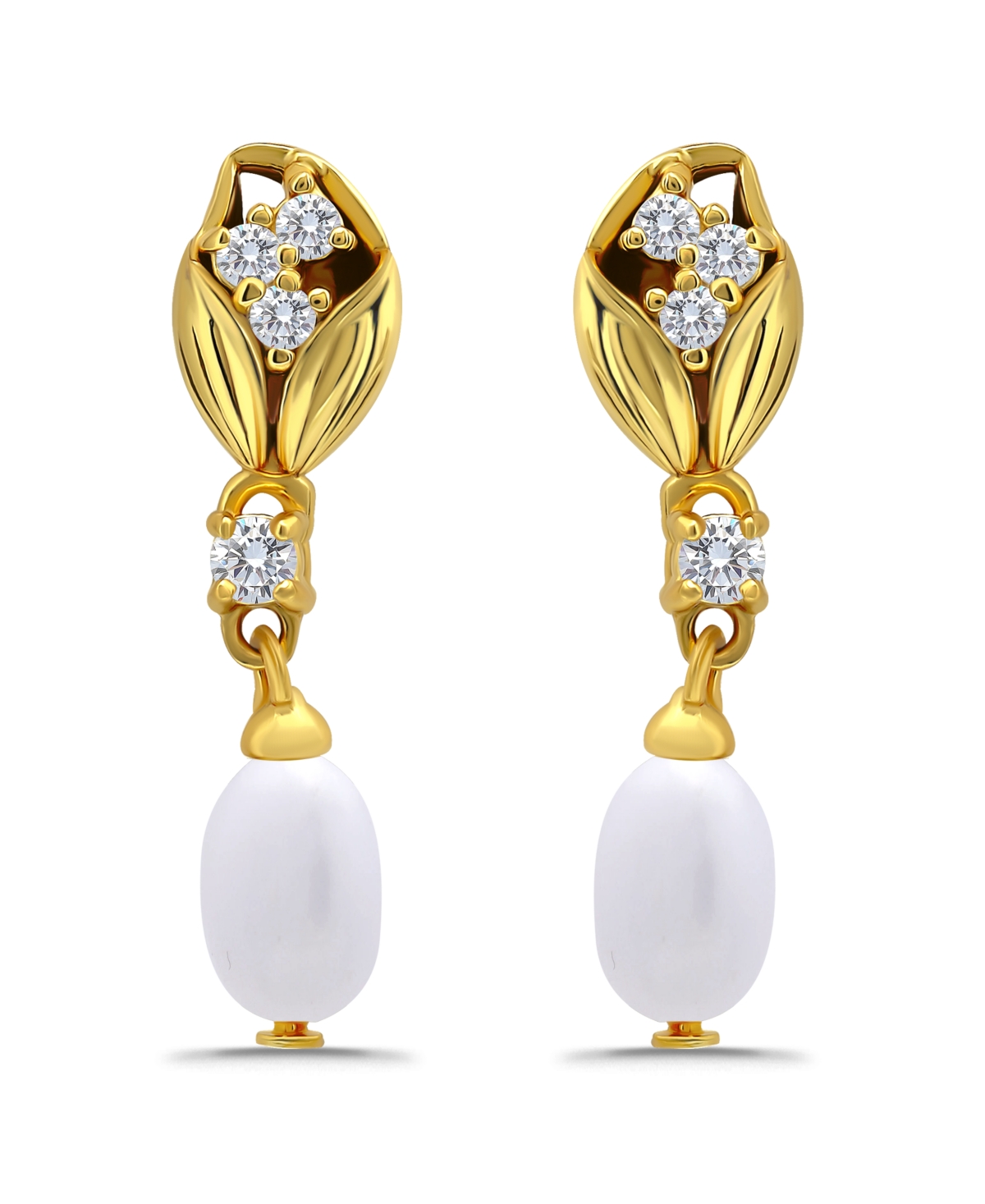 Macy's Macy Oval Freshwater Cultured Pearl Drop Cubic Zirconia Tulip Design Post Earrings In Gold