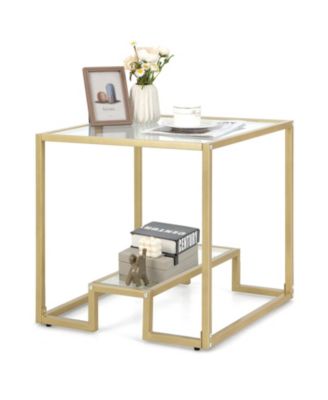 22 Inch 2-Tier Square Sofa Side Table with Tempered Glass Tabletop