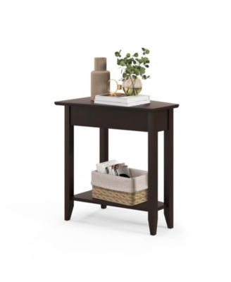 2-Tier Wedge Narrow End Table with Storage Shelf and Solid Wood Legs