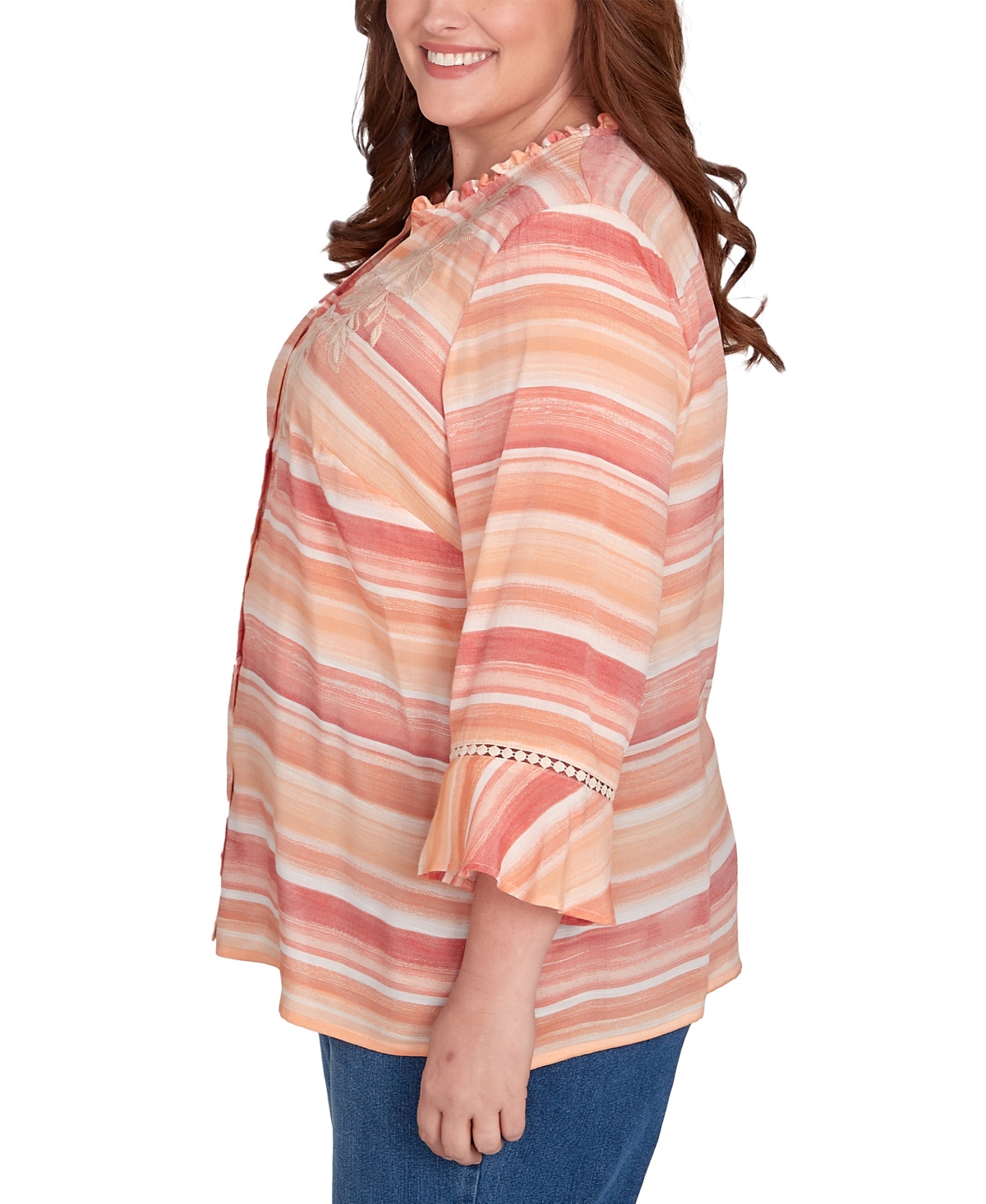 Alfred Dunner Plus Size Scottsdale Warm Stripe Floral Embroidered Top