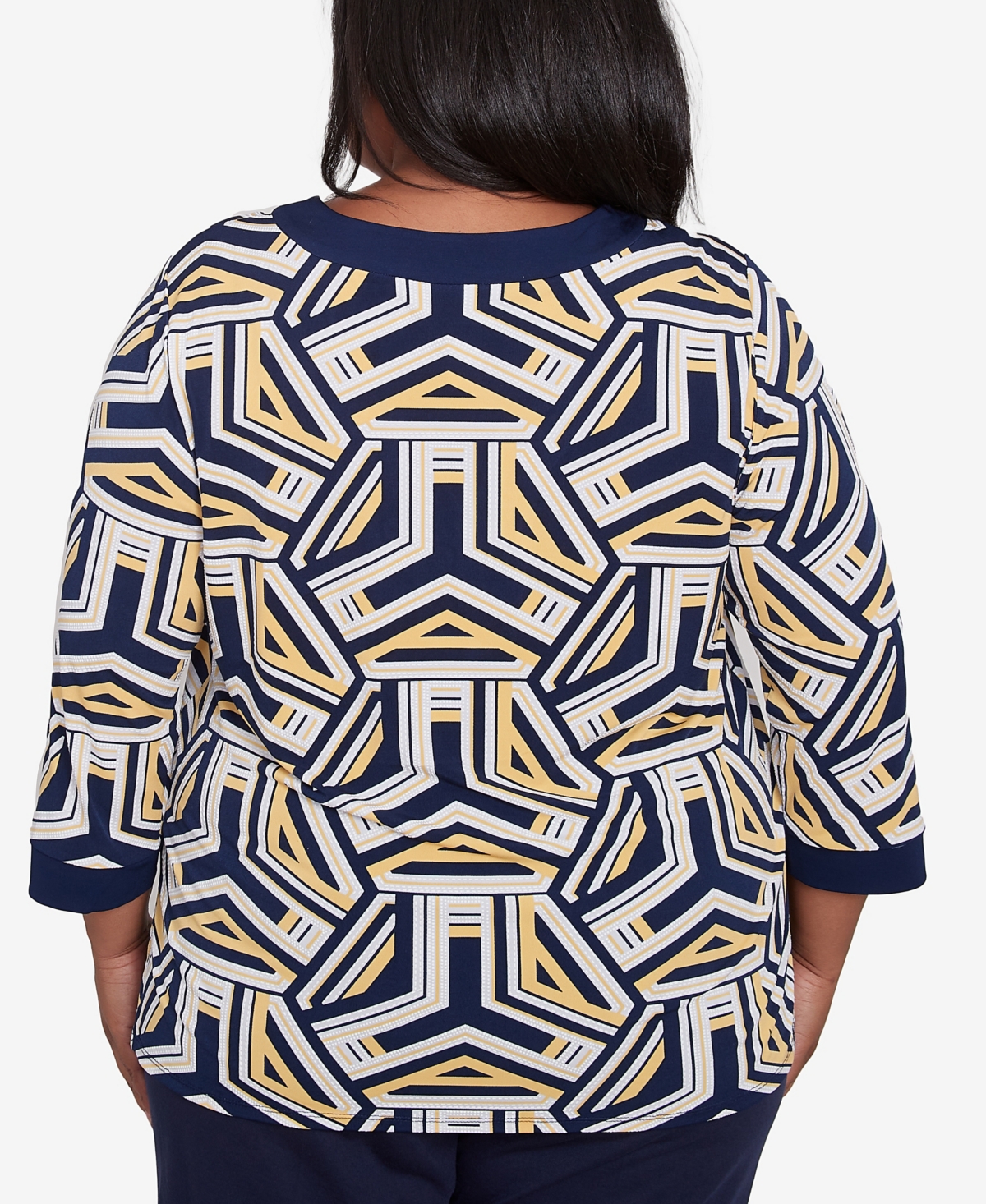 Alfred Dunner Plus Size Block Island Geometric Grommet Trim Top In Navy Multi