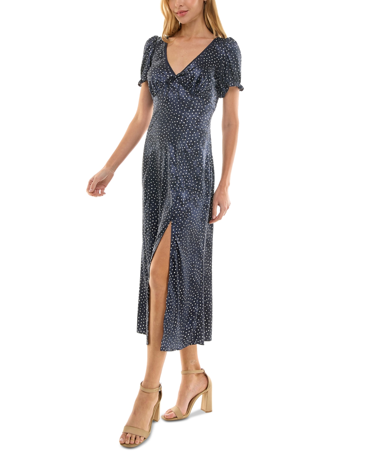 Crystal Doll Juniors' Printed Jacquard Satin Midi Dress In Navy,white
