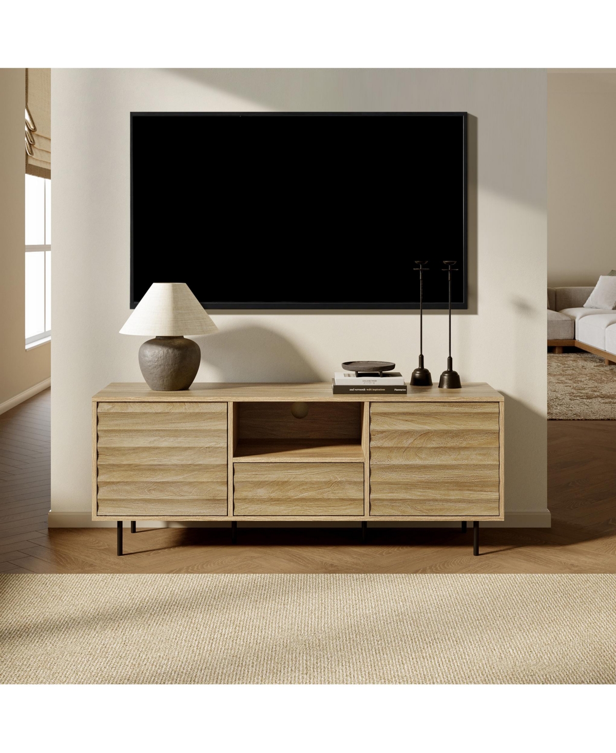 LuxenHome Mid-Century Modern Wave 2-Door 1-Drawer Tv Console with Metal Legs