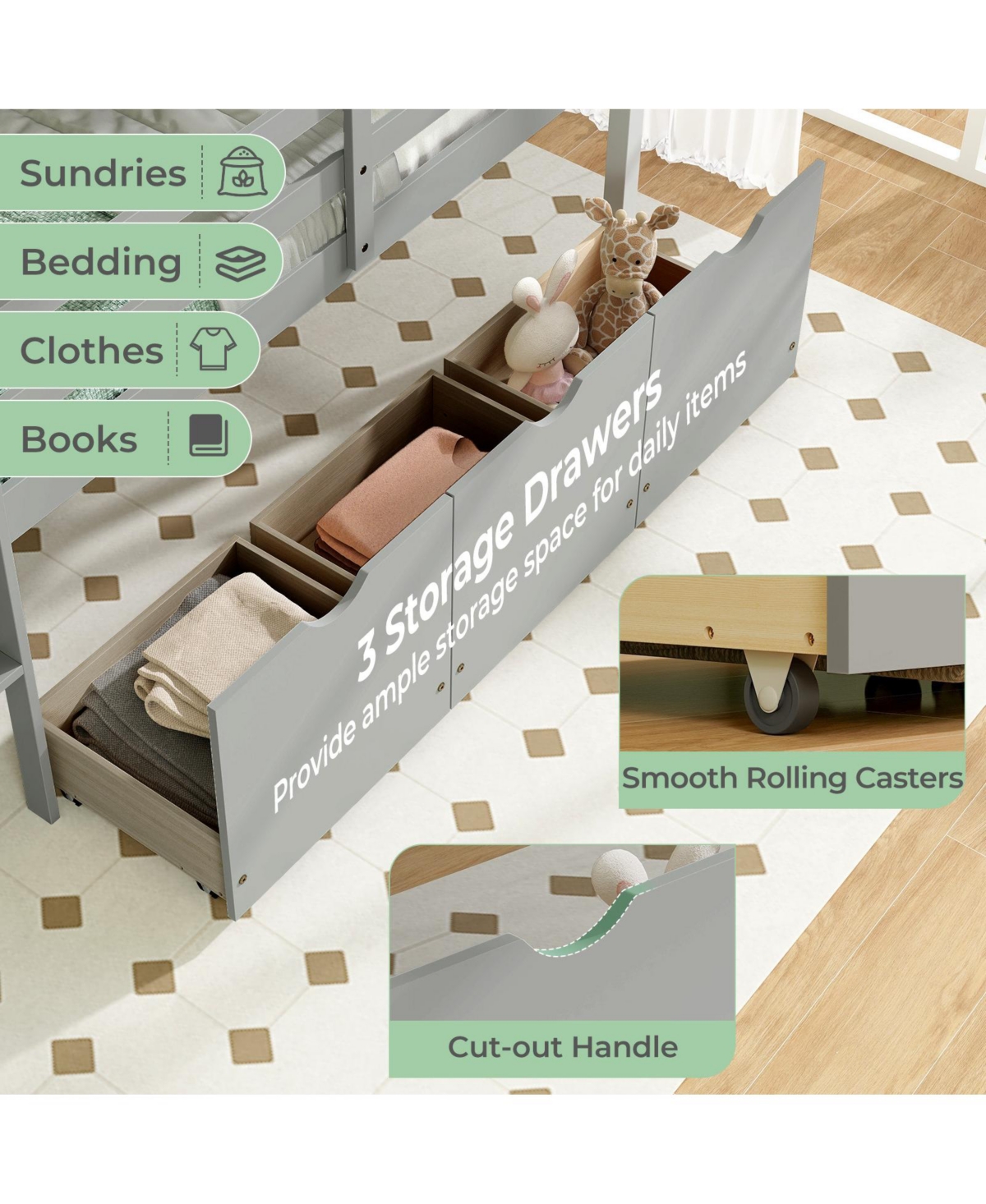 Gouun Twin Loft Bed with 3 Drawers with Ladder and Full-length Guardrails