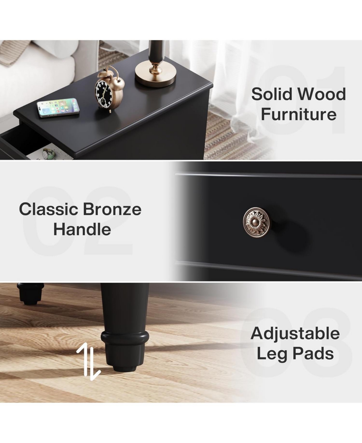 Tribesigns Solid Wood End Table Set of 2, Fully Assembled Narrow Side Table with Drawers, Pre-Assembled Nightstand Slim Bedside Table for Spaces