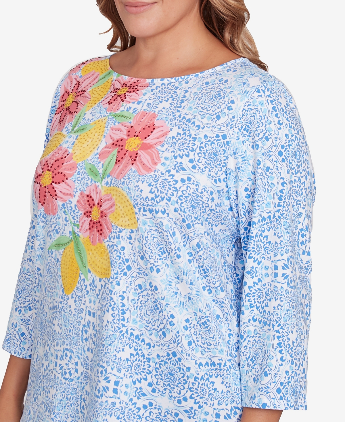 Ruby Rd. Plus Size Medallion Bold Floral Top In Bluebird Multi