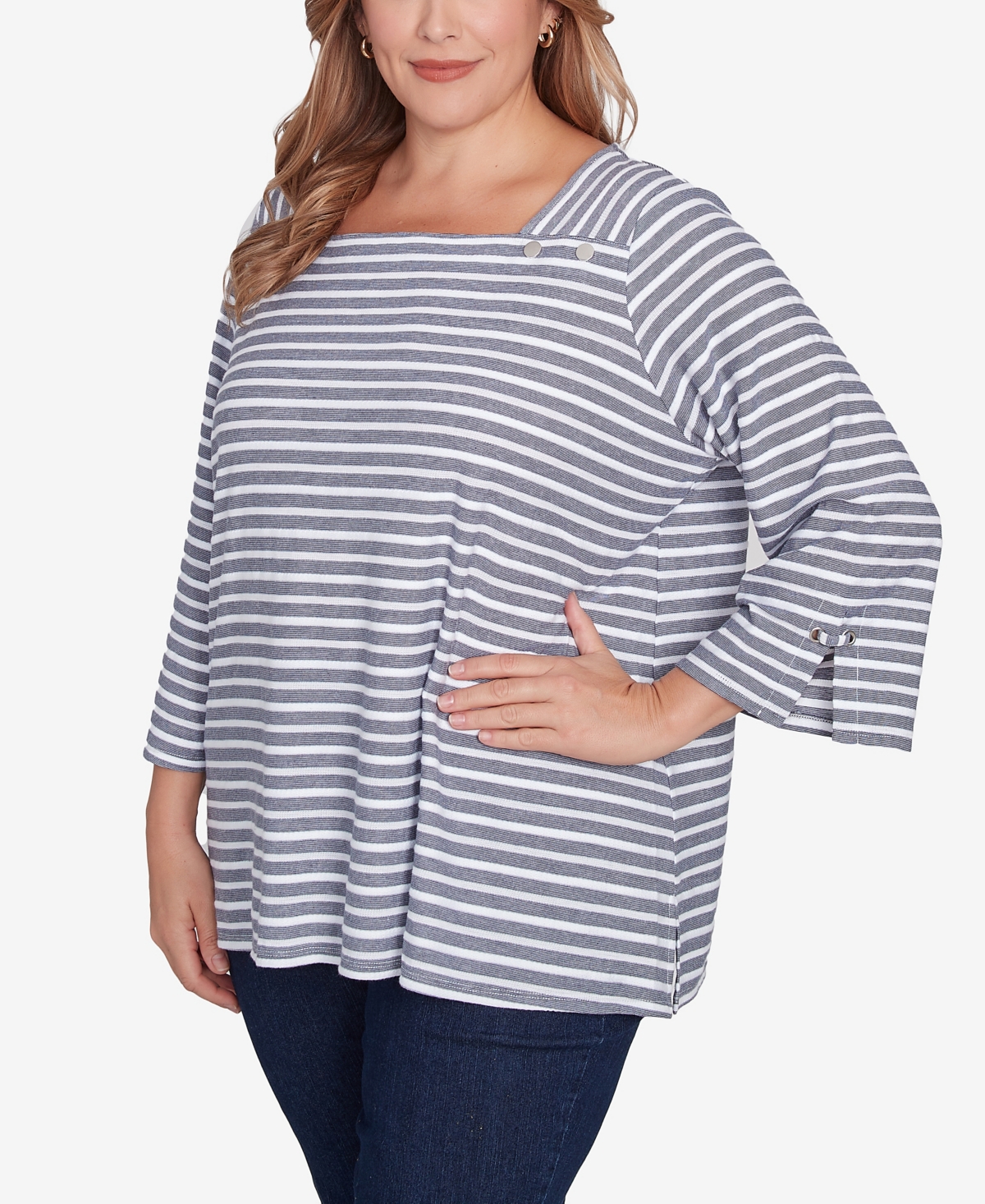 Ruby Rd. Plus Size Ribbon Stripe Laced Sleeve Top In True Navy Multi