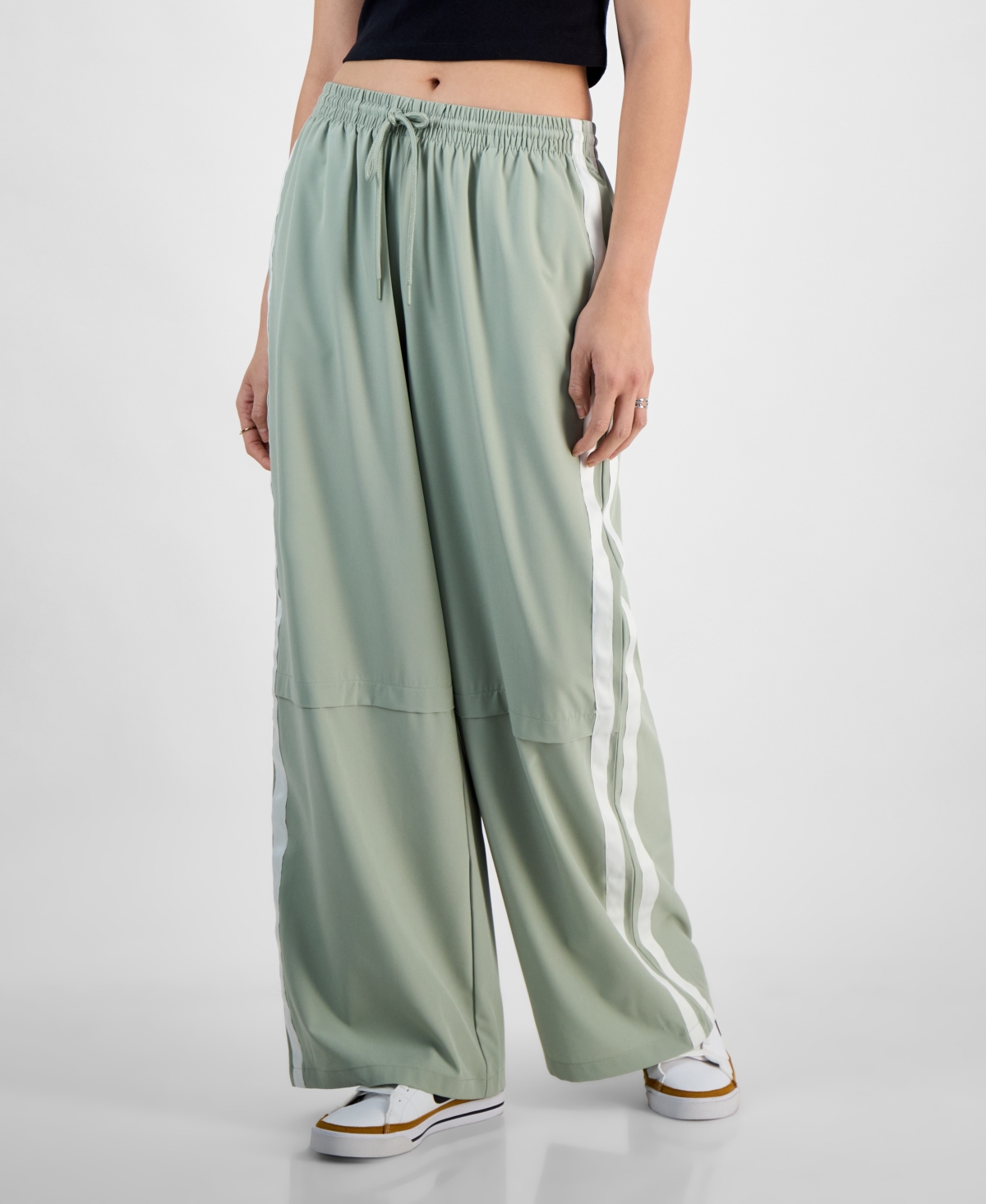 Shop Hippie Rose Juniors' Side-stripe Wide-leg Track Pants In Sage