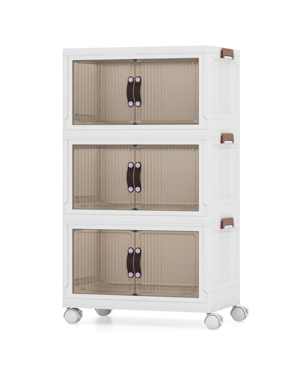 3-Tier Stackable Storage Boxes Bins with Magnetic Doors and Lockable Casters-m - White