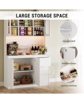 Tall Kitchen Pantry Cabinet, Kitchen Storage Cabinet with Led Lights and Power Outlets, Food Pantry Cabinet with Microwave Stand, Glass Door, Adjustable Shelves, Handless Design