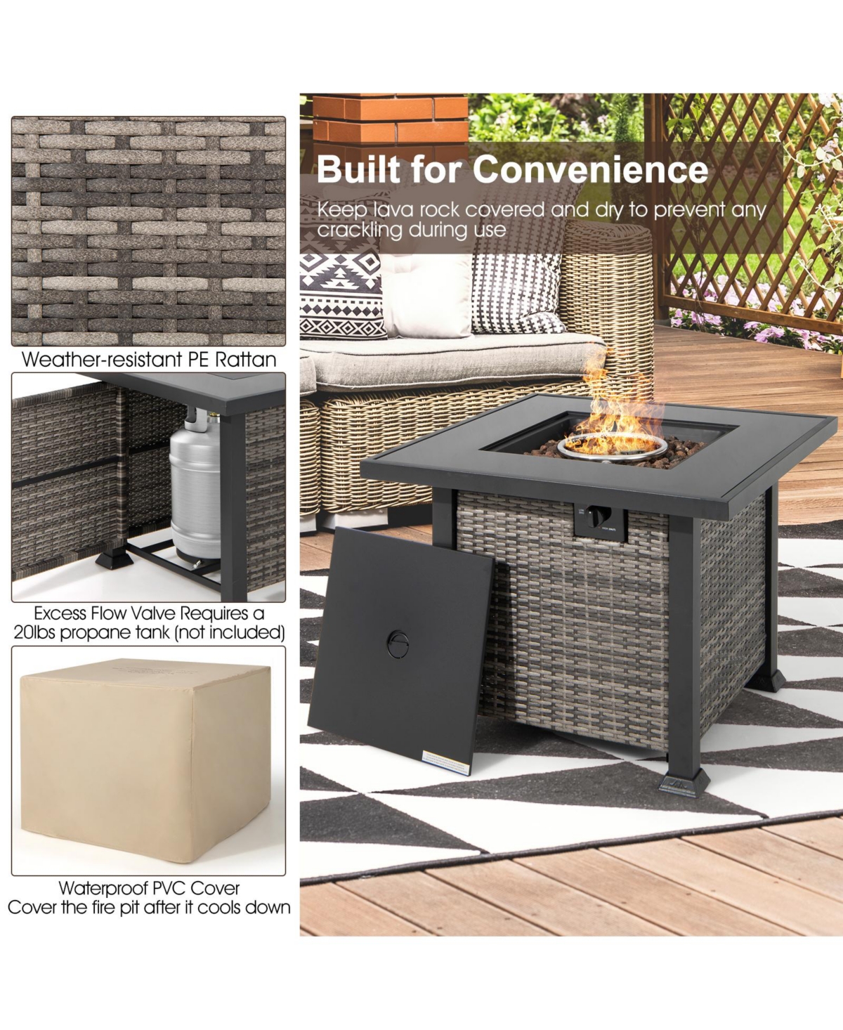 Outdoor 9 Pieces Patio Furniture Set with 50 000 Btu Propane Fire Pit Table