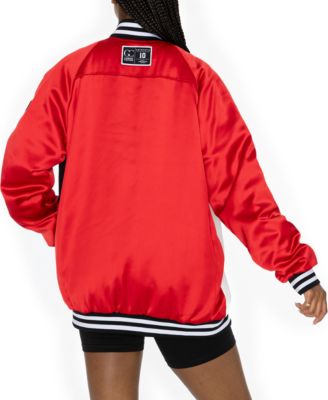 Women's Scarlet/Black San Francisco 49ers Oversized Hot Shot Rhinestone Throwback Full-Snap Varsity Bomber Jacket