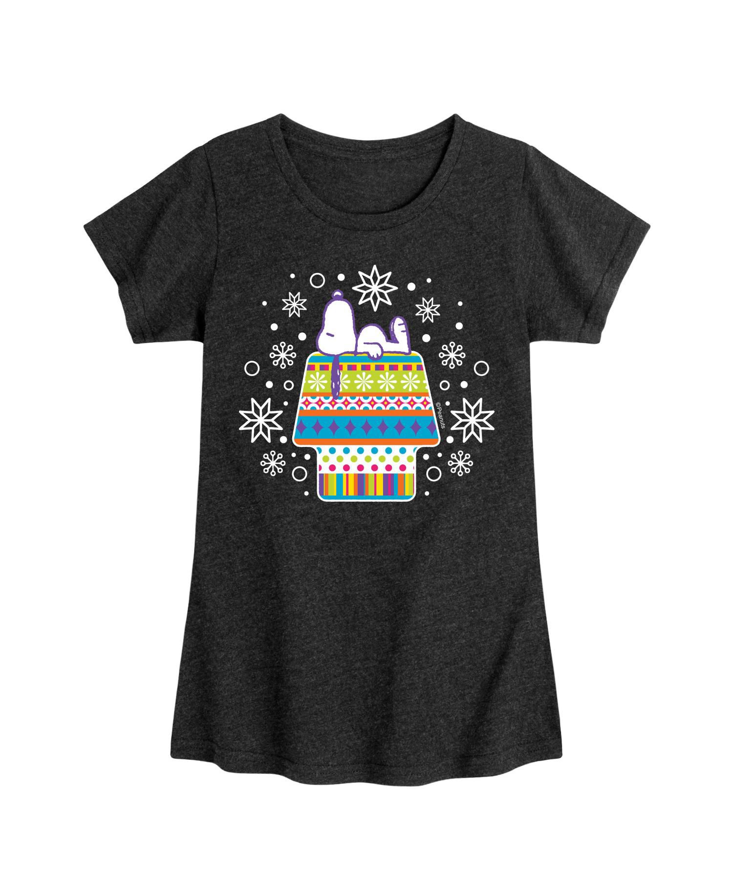 Big Girls Snoopy Patterned House and Snowflakes Graphic Short Sleeve Tee